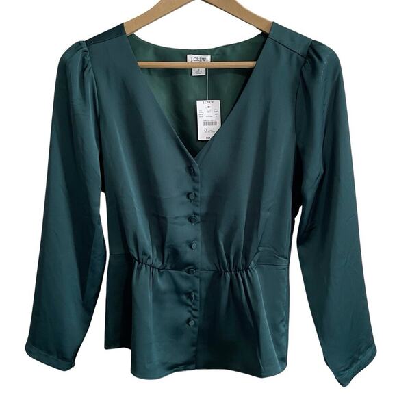 J.CREW Tops - J Crew Satin Crepe Button Front Blouse Size 2 Green Peplum Long Sleeve Lined NEW